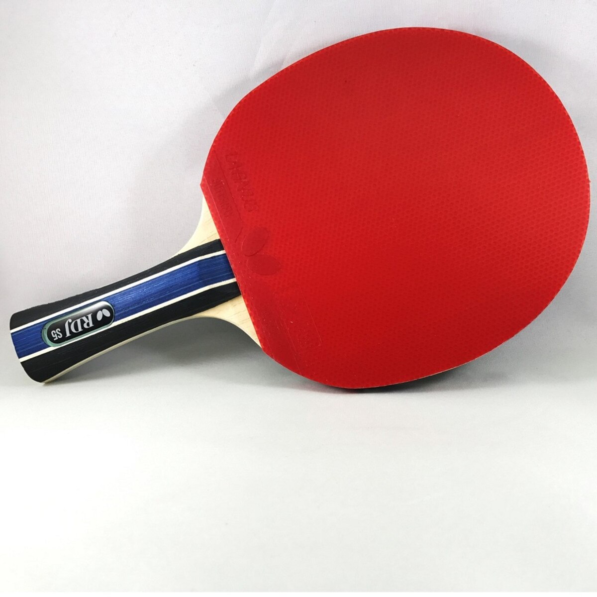 Butterfly RDJ S5 Racket: Diagonal View of Red Rubber